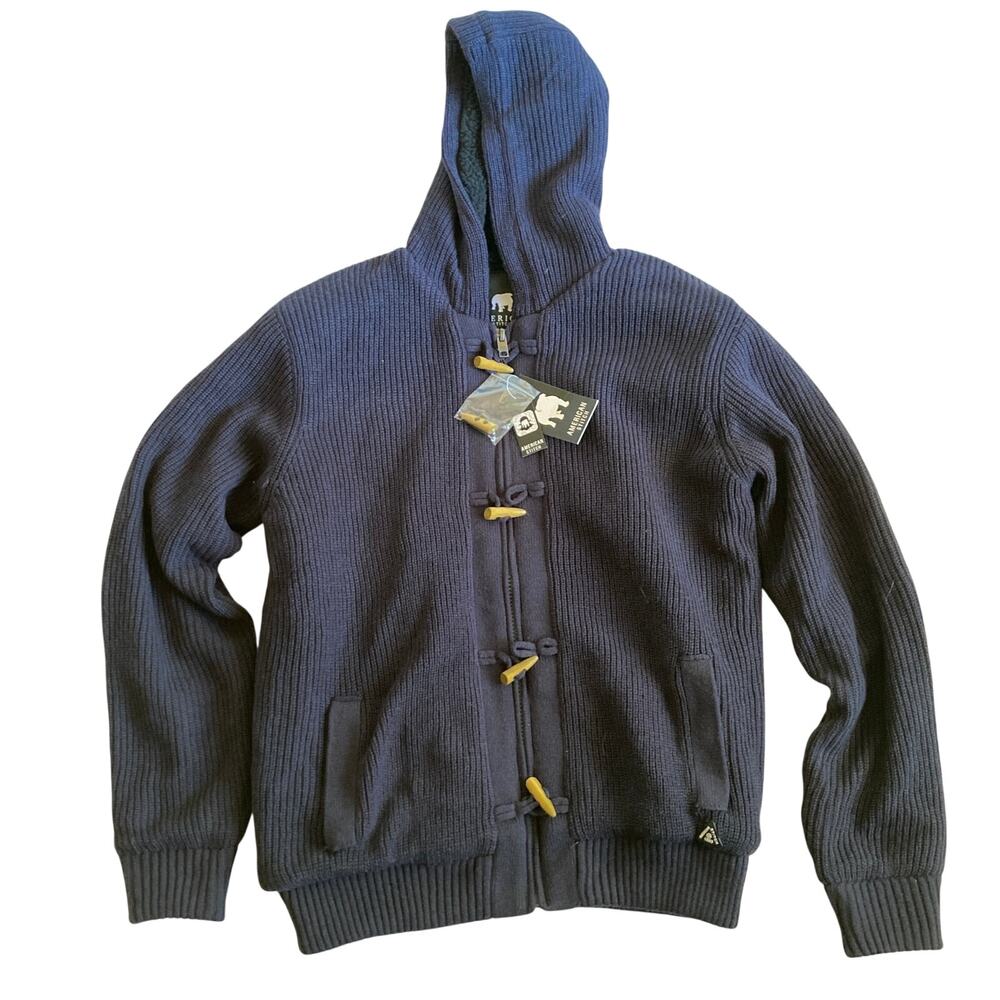 NWT American Stitch Sweater Hoodie Mens XL Navy Toggle Ribbed Knit Sherpa Lined